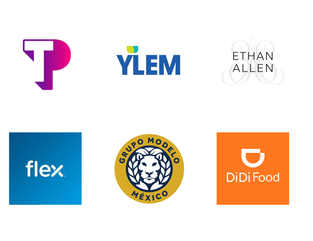 Logotipos de algunos clientes de SIPCI: Teleperformance, YLEM, Ethan Allen, Flex, Grupo Modelo México y DiDi Food
